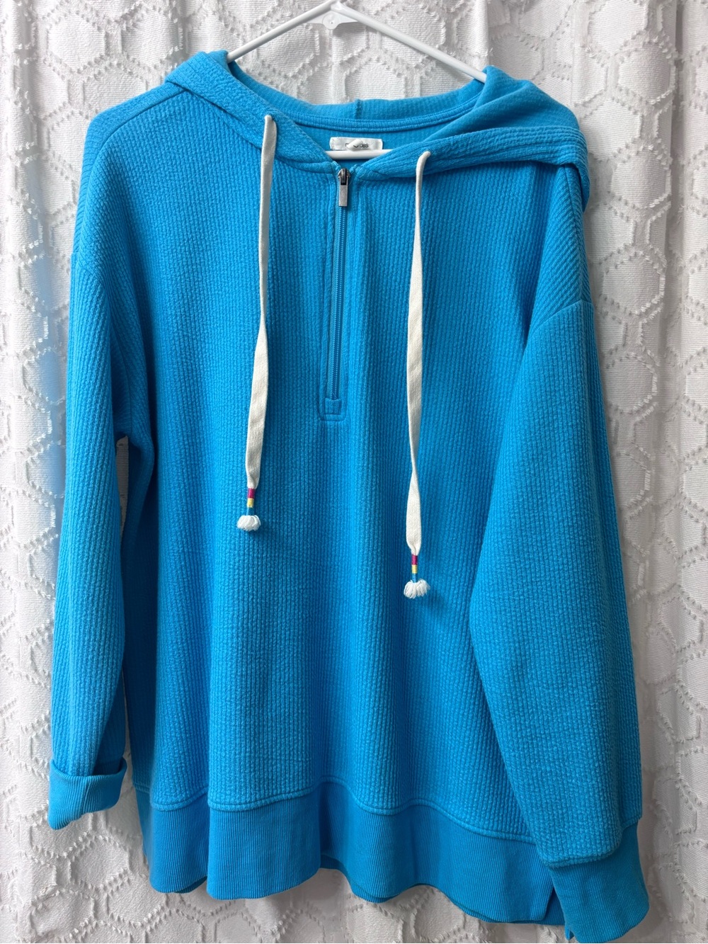 Maurices Turquoise Waffle-Knit Hooded Pullover with White Drawstrings